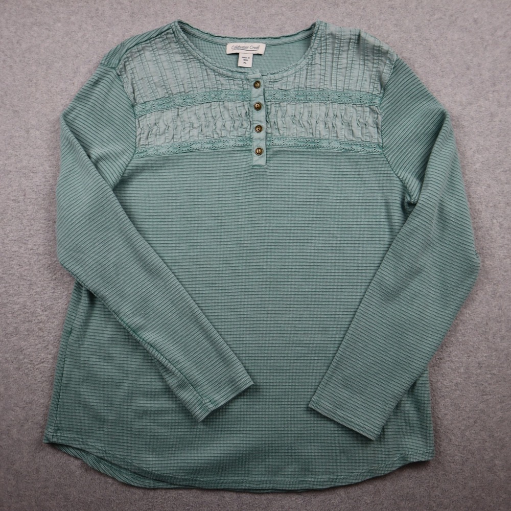 Coldwater Creek Henley Top Womens PL Green Waffle Pintuck Lace Blouse Shirt